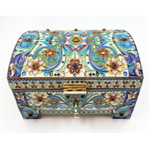 582 - An Antique Russian Silver Gilt and Cloisonné Enamel Jewellery Box. Rich interior gilding and inlaid ... 