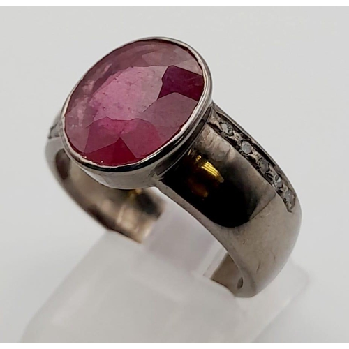 1044 - 5.45cts Ruby Ring with .15cts Rose Cut Diamonds in Antique Finish, 925 Silver SIZE Q