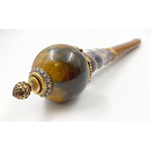 834 - An Antique Russian 14K Yellow Gold, Silver, Tigers Eye,
Diamond and Amethyst Parasol Handle. 27cm lo... 