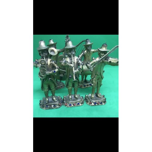 429 - Antique 19th century German rare set of solid silver gem set musicians

Each figure is 11.4 to 12cm ... 