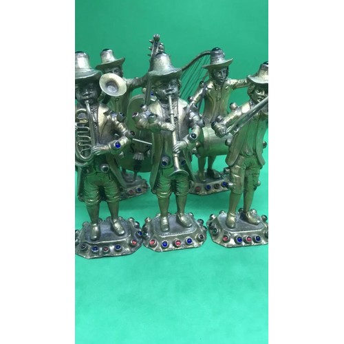 429 - Antique 19th century German rare set of solid silver gem set musicians

Each figure is 11.4 to 12cm ... 