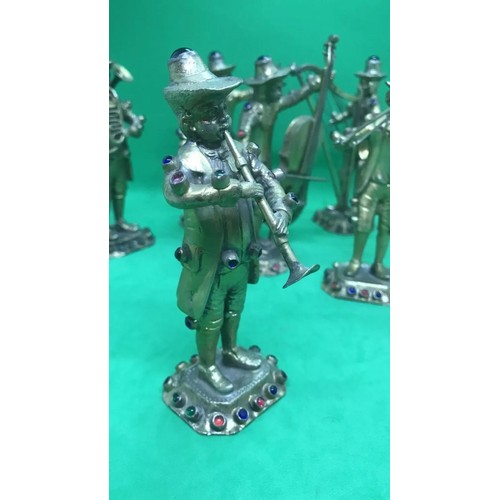 429 - Antique 19th century German rare set of solid silver gem set musicians

Each figure is 11.4 to 12cm ... 