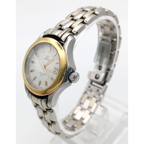 285 - An Omega Seamaster Ladies Automatic Watch. Two-tone stainless strap and case - 26mm. White dial with... 