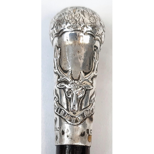 391 - Antique 1900/1901 Seaforth Highlanders Fully Hallmarked Silver Capped Stags Head Moto engraved Baton... 