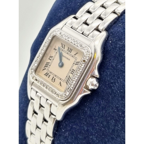 46 - A Cartier18K White Gold and Diamond Ladies Panthere Watch. 18K white gold strap and case - 30 x 20mm... 