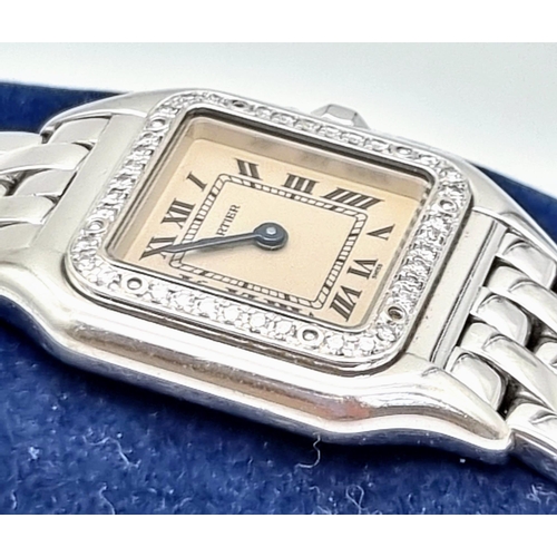 46 - A Cartier18K White Gold and Diamond Ladies Panthere Watch. 18K white gold strap and case - 30 x 20mm... 