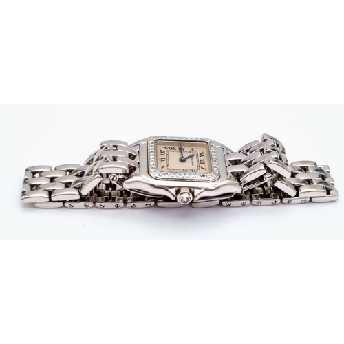 46 - A Cartier18K White Gold and Diamond Ladies Panthere Watch. 18K white gold strap and case - 30 x 20mm... 