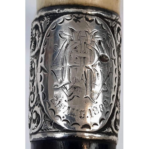 928 - Very Good Condition Antique Silver Collared Antler Handled Walking Stick. Engraved and Dated 21st Au... 