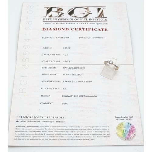 151 - An 18K White Gold Solitaire Ring with BGI Certificate. 0.36ct. A5 -VS2 round brilliant natural diamo... 