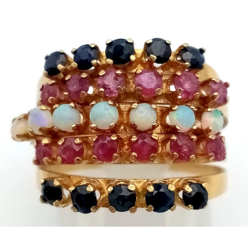 227 - A very unusual 14 K yellow gold five band hinged ring  with opals, rubies and sapphires. Ring size: ... 