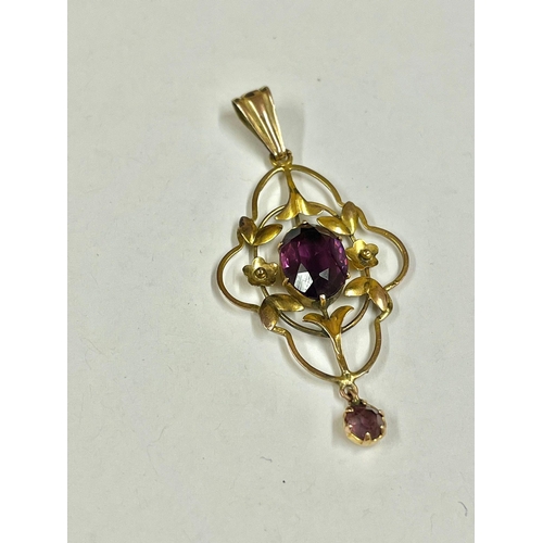 359 - Vintage 9ct solid gold & amethyst pendant 4.5cm on plated chain