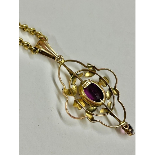 359 - Vintage 9ct solid gold & amethyst pendant 4.5cm on plated chain