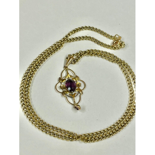 359 - Vintage 9ct solid gold & amethyst pendant 4.5cm on plated chain