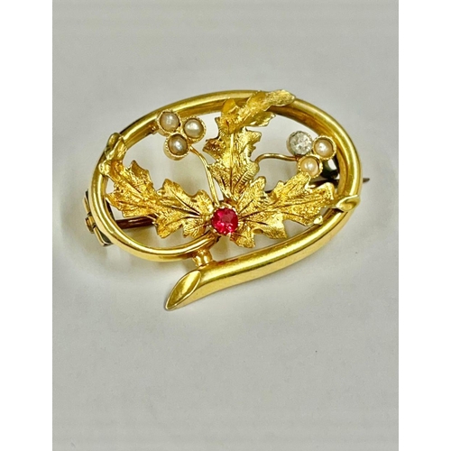 373 - Antique high carat gold brooch with seed pearl and red stone