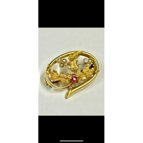 373 - Antique high carat gold brooch with seed pearl and red stone