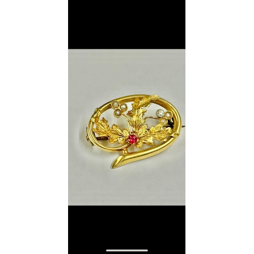 373 - Antique high carat gold brooch with seed pearl and red stone