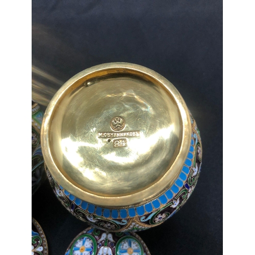 554 - A PAIR of Russian silver enamel lidded urn/caddys Height 10.6cm Diameter 6.6cm Weight 295 for the pa... 