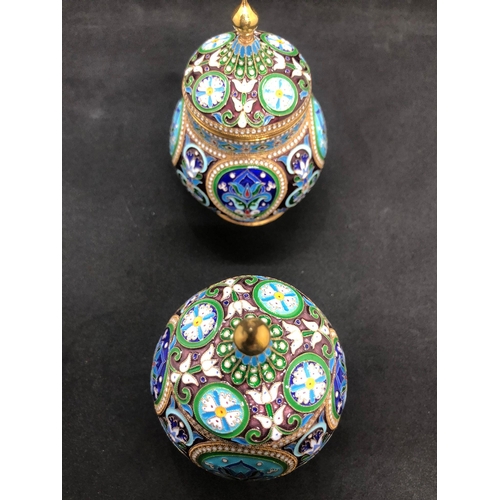 554 - A PAIR of Russian silver enamel lidded urn/caddys Height 10.6cm Diameter 6.6cm Weight 295 for the pa... 