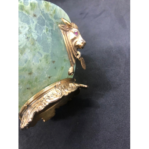 79 - STUNNING RUSSIAN SOLID SILVER SPINACH JADE DIAMOND BOWL.

Stunning bowl with bulls heads either side... 