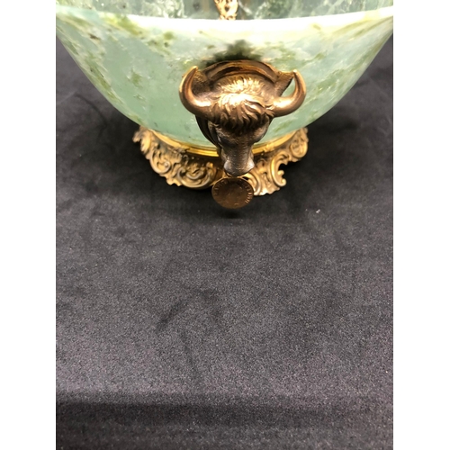 79 - STUNNING RUSSIAN SOLID SILVER SPINACH JADE DIAMOND BOWL.

Stunning bowl with bulls heads either side... 