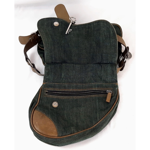 424 - A Christian Dior Green Gaucho Double Saddle Bag. Green denim with leather. 24 x 30cm. In very good c... 