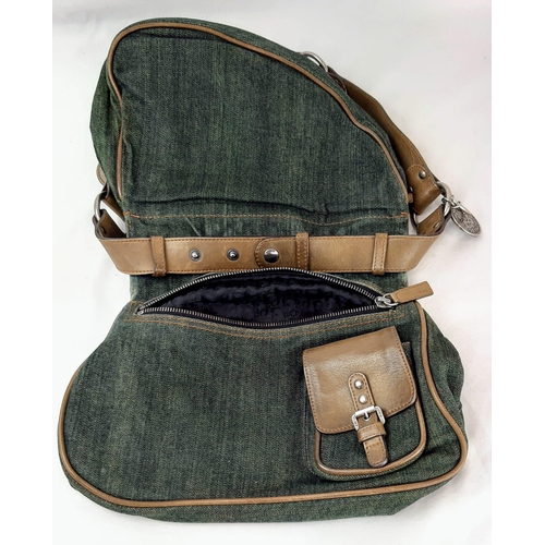 424 - A Christian Dior Green Gaucho Double Saddle Bag. Green denim with leather. 24 x 30cm. In very good c... 