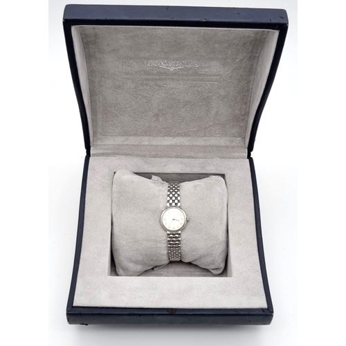 51 - LONGINES 18K WHITE GOLD LADIES WATCH, DIAMOND SET DIAL, 18K GOLD BRACELET WITH ORIGINAL BOX.
weight ... 