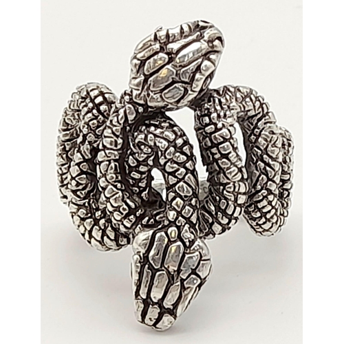 493 - A Solid Silver Double-Snake Ring. Size Q. 12.75g