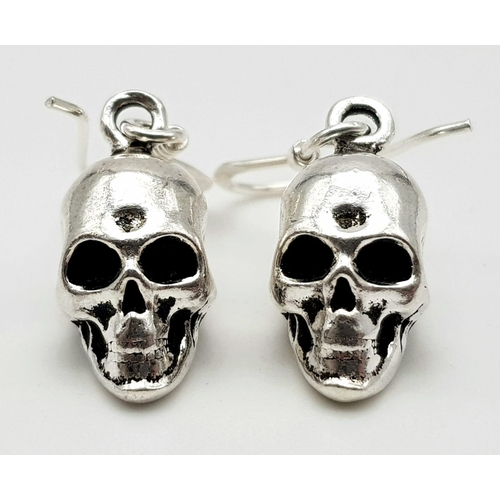 535 - A Pair of Silver Skull Drop Earrings. Perfect for Halloween.