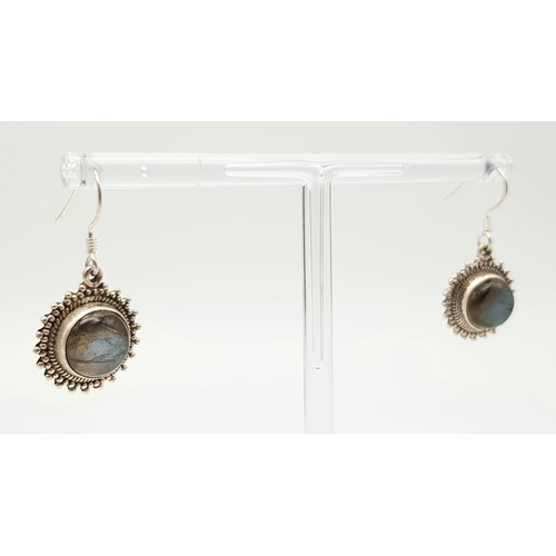 550 - A Pair of Silver and Labradorite Circle-Drop Earrings.