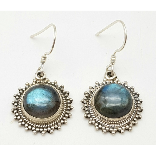 550 - A Pair of Silver and Labradorite Circle-Drop Earrings.