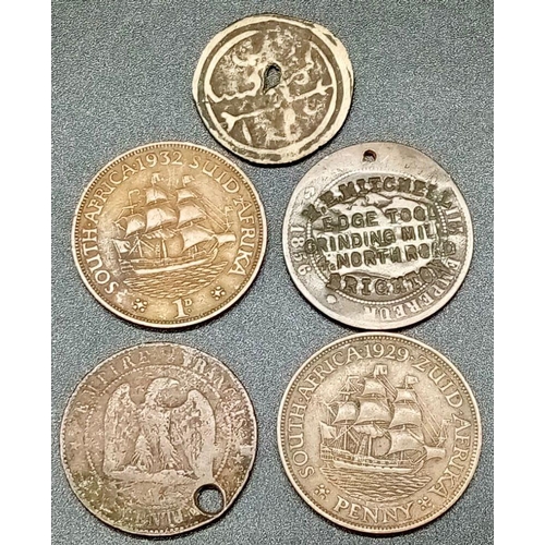 1067 - 1932 SOUTH AFRICA 1D COIN, 1929 SOUTH AFRICA PENNY COIN PLUS 3 OTHER COINS. PLEASE SEE PHOTOS FOR FI... 