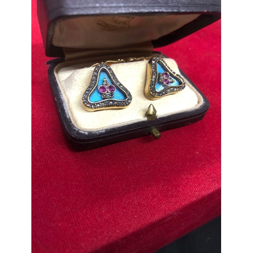 10 - Magnificent pair of Russian silver and enamel diamond cufflinks.
2.5cm cufflink length to back 
1.7c... 