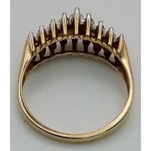 316 - An unusual 10 K yellow gold ring with three diamond rows (0.20 carats). Ring size: N, weight: 3 g.