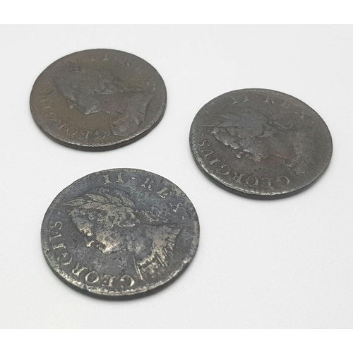 37 - Three George II Farthings. 1746 and 2 x 1754. Please see photos for conditions.