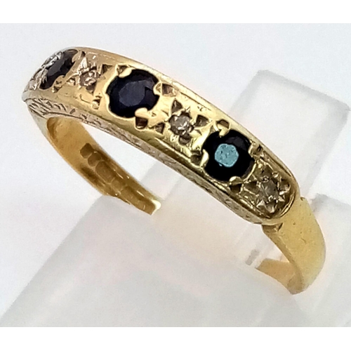 412 - 18k yellow gold diamond and sapphire half eternity ring. Size K, 2.5 grams