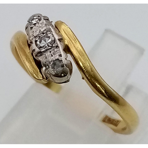 433 - 18k yellow gold 3 stone diamond ring. 0.10ct, size O, 3 grams total weight