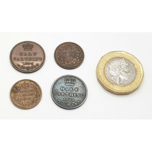 605 - Two Queen Victoria (1843/4) Half Farthings and Two Edward VII (1902) and George V (1913) third farth... 