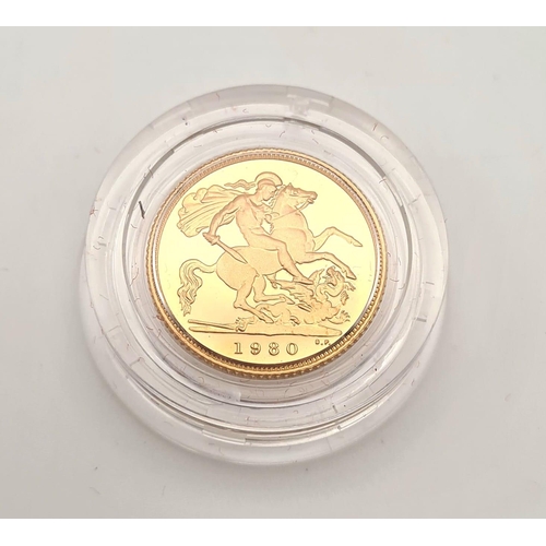 115 - A 1980 Proof 22K Gold Half Sovereign Coin. Comes in original Royal Mint presentation case with COA.