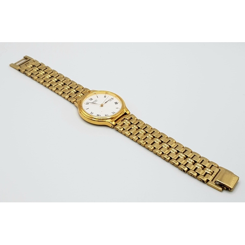 223 - A yellow gold plated SEIKO gents watch. Case width: 33 mm, white dial with black Roman numerals and ... 