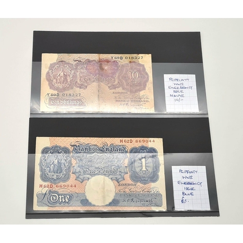 38 - Two Peppiatt WW2 Emergency Issue Notes. A blue one pound note and a mauve ten shilling note. Please ... 