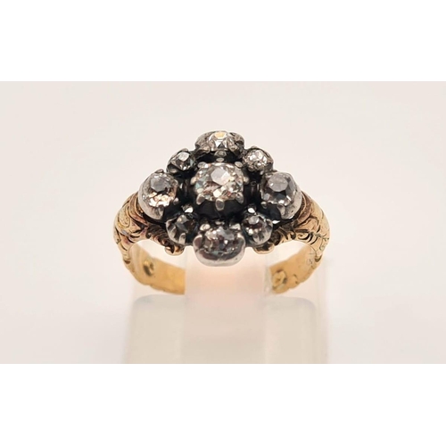 419 - Vintage 18k yellow gold cluster ring with old cut diamonds, approx. 0.50ct, ring size E, 2.6 grams t... 