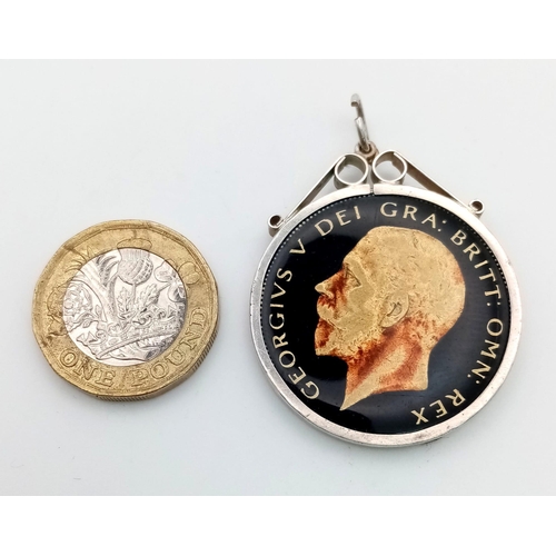 502 - A sterling silver pendant coin holder with a half crown coin 1935. Total weight; 17.6 g.