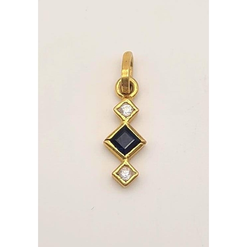 685 - 18k yellow gold 3 stone set drop pendant. 16mm length, 0.8 grams