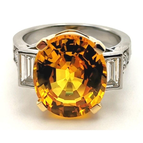 8 - A Highly Impressive 18K White Gold, Platinum -  7.65ct Ceylon Orange Sapphire and Diamond Ring. Natu... 