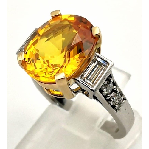 8 - A Highly Impressive 18K White Gold, Platinum -  7.65ct Ceylon Orange Sapphire and Diamond Ring. Natu... 