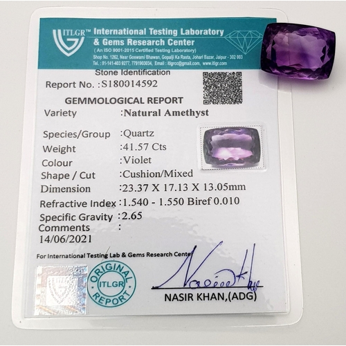 459 - 41.57ct Cushion Shaped Bolivian Amethyst AAA Grade Deluxe Quality Certified.