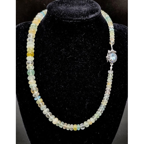 339 - 225ct Single Strand Aquamarine Gemstone Necklace with Blue sapphire and Blue topaz clasp. 42cm.