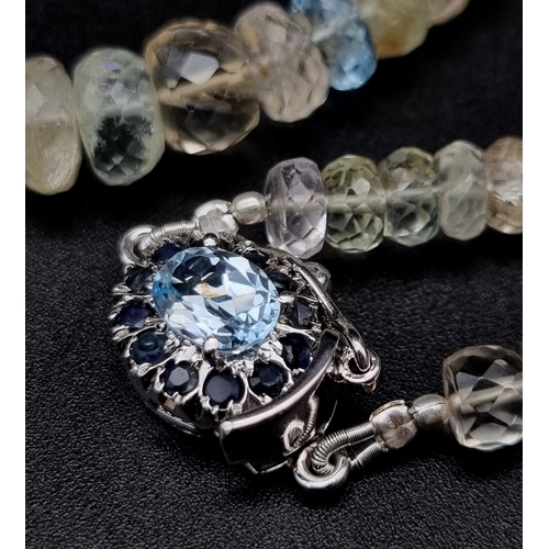 339 - 225ct Single Strand Aquamarine Gemstone Necklace with Blue sapphire and Blue topaz clasp. 42cm.