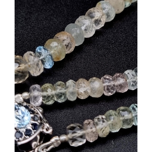 339 - 225ct Single Strand Aquamarine Gemstone Necklace with Blue sapphire and Blue topaz clasp. 42cm.